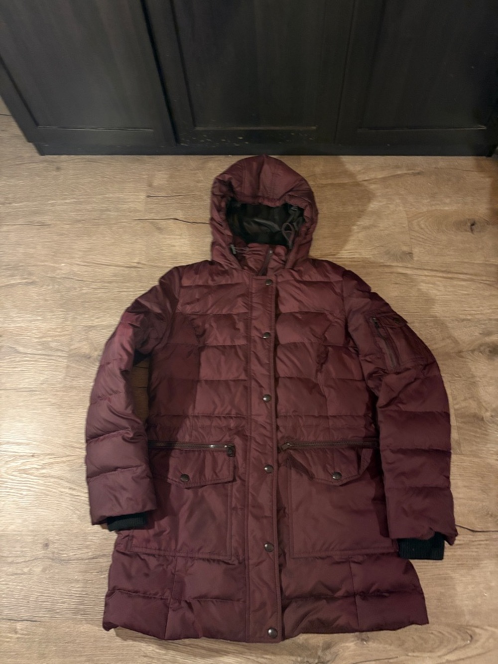 London Fog Coat with Deep Burgundy Lining and Black Trim Women’s Small